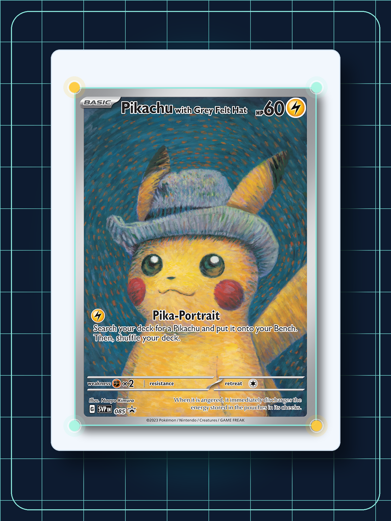 High-resolution Pikachu card photo template on the CCA scan board